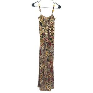 Boho Y2K Abstract Maxi Dress Beaded Strap Artsy Festival Olive Brown Earthy